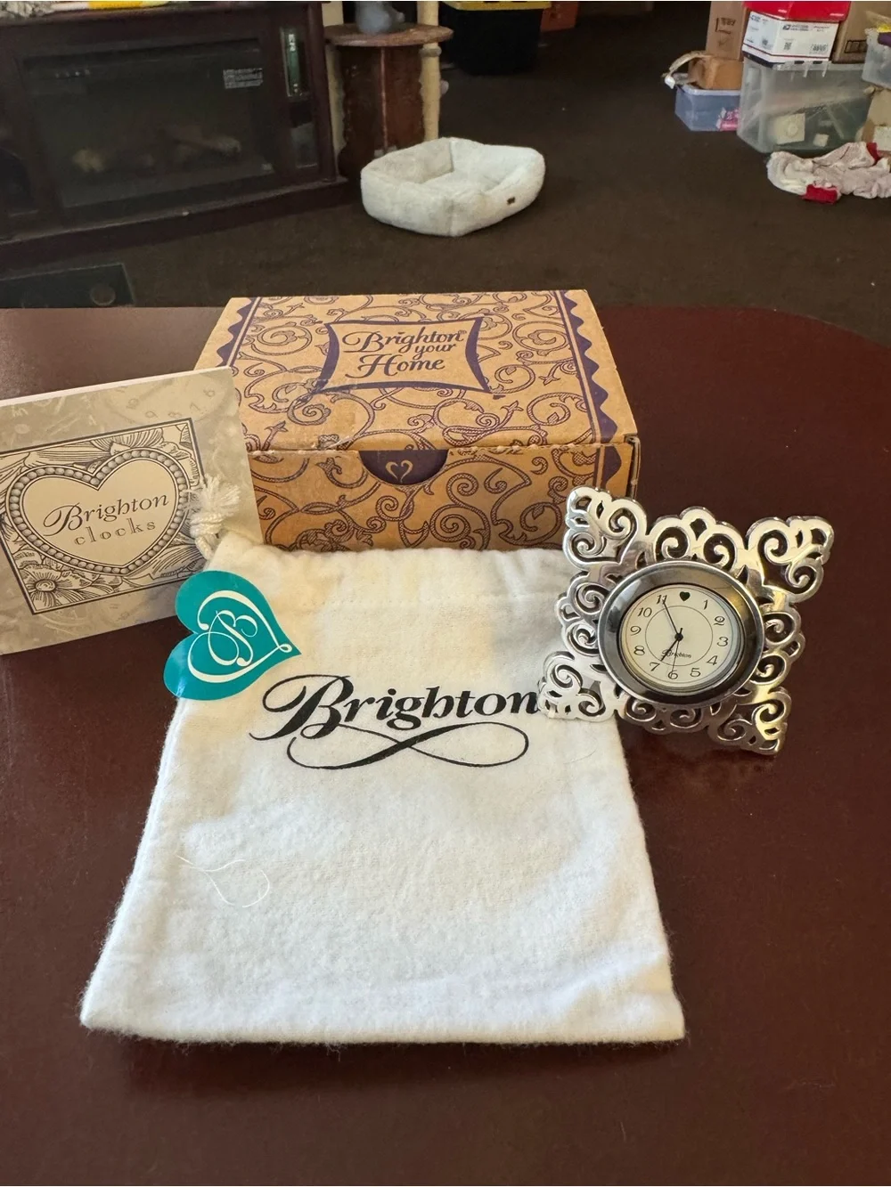 Brighton Silver Filigree Miniature Clock with White Pouch